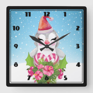 Cute Christmas Penguin in Santa Hat Square Wall Clock
