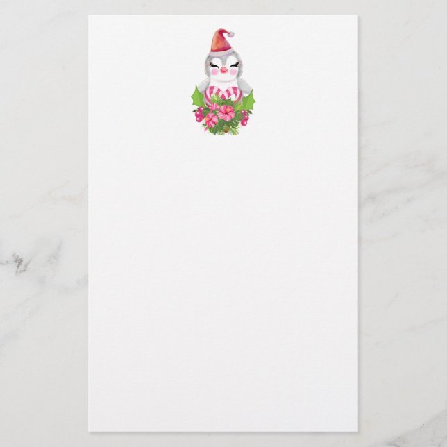 Cute Christmas Penguin in Santa Hat Stationery (Front)