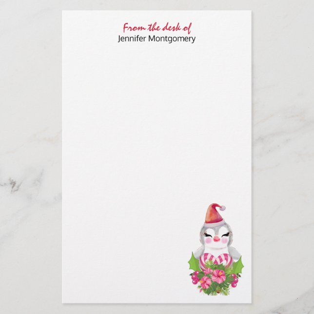 Cute Christmas Penguin in Santa Hat Stationery (Front)