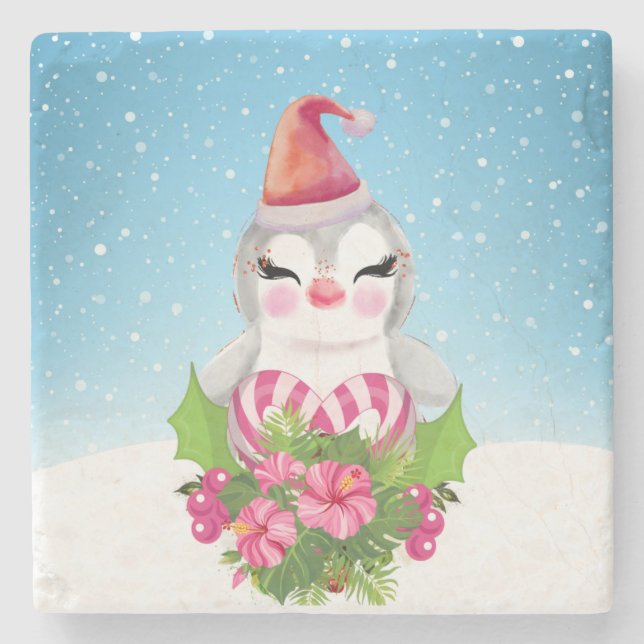Cute Christmas Penguin in Santa Hat Stone Coaster (Front)