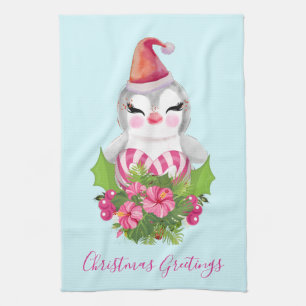Cute Christmas Penguin in Santa Hat Tea Towel