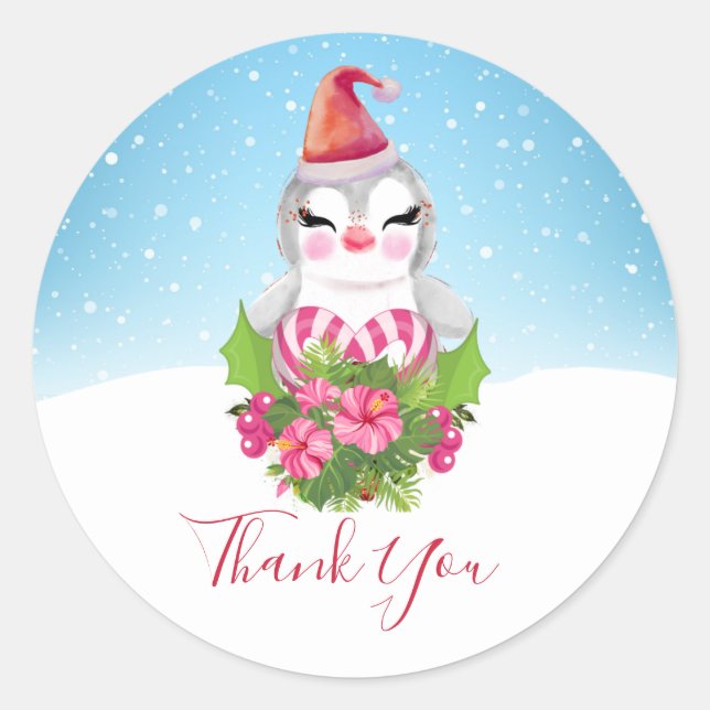 Cute Christmas Penguin in Santa Hat Thank You Classic Round Sticker (Front)