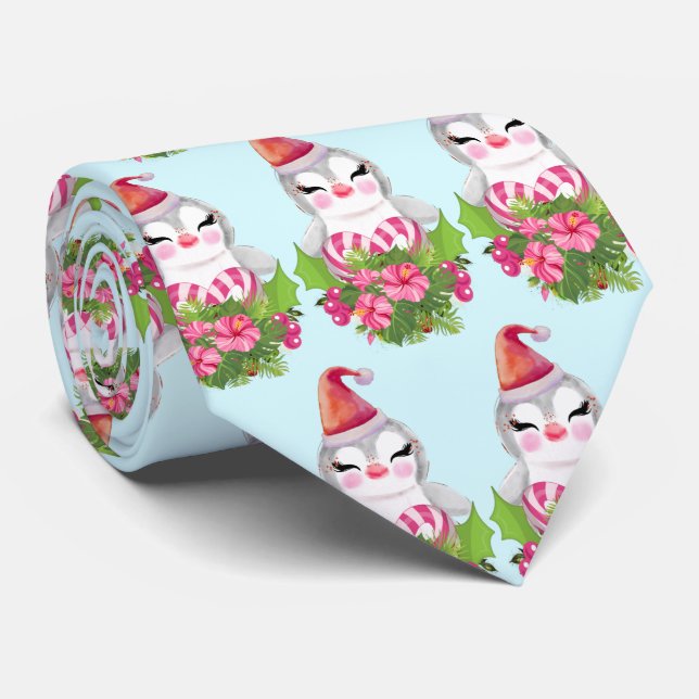 Cute Christmas Penguin in Santa Hat Tie (Rolled)
