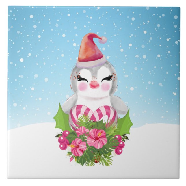 Cute Christmas Penguin in Santa Hat Tile (Front)