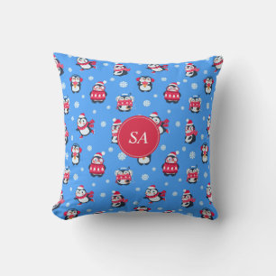 Cute Christmas Penguin Monogram Snowflake Nursery Cushion