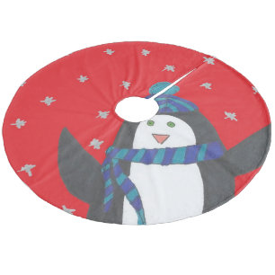Cute Christmas Penguin on Red Fleece Tree Skirt