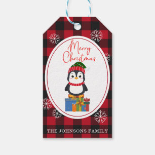 Cute Christmas Penguin on Red Plaid Pattern Gift Tags