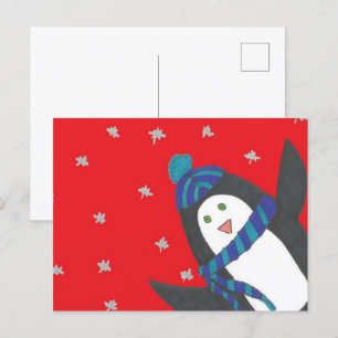 Cute Christmas Penguin on Red  Postcard