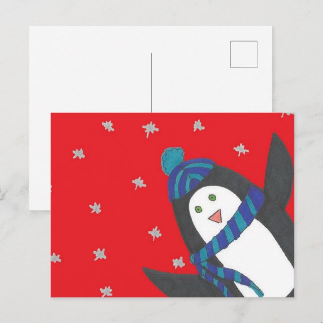 Cute Christmas Penguin on Red  Postcard (Front/Back)