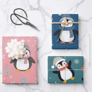 Cute Christmas Penguin Pattern Wrapping Paper Sheet