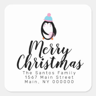 Cute Christmas Penguin Snowflake  Address Square Sticker