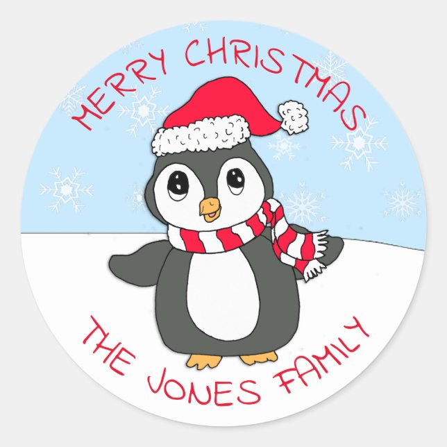 Cute Christmas Penguin Snowflakes Holidays Classic Round Sticker (Front)