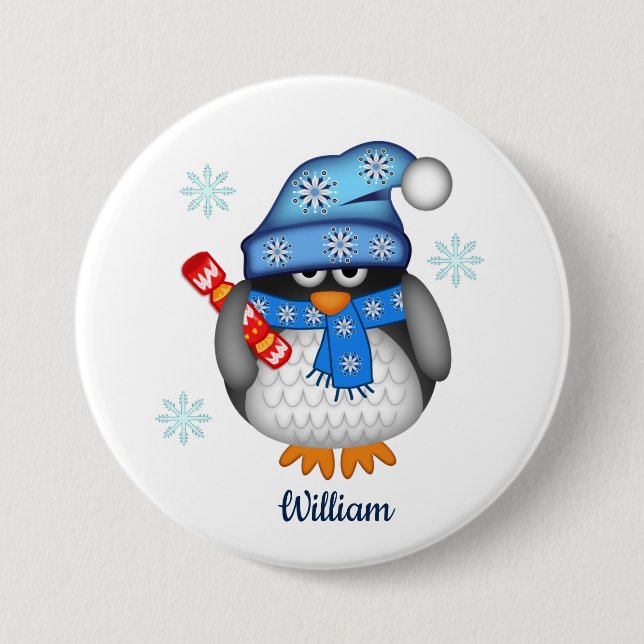 Cute christmas penguin with custom name 7.5 cm round badge (Front)