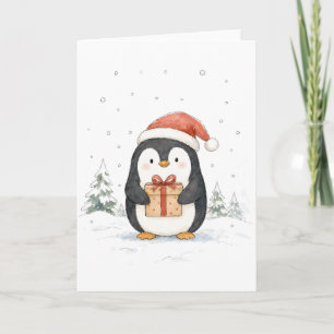 Cute Christmas Penguin with Gift and Santa Hat Card