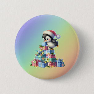 Cute Christmas Penguin with Gifts and Lights Card 6 Cm Round Badge