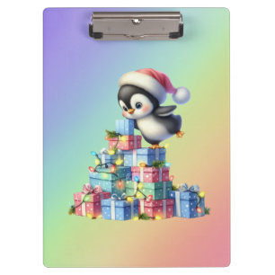 Cute Christmas Penguin with Gifts and Lights Card Clipboard