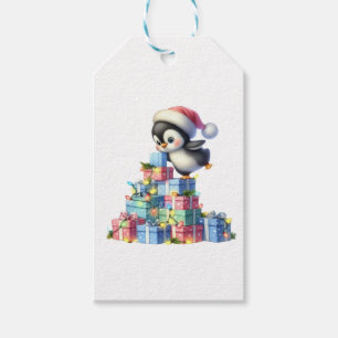 Cute Christmas Penguin with Gifts and Lights Card Gift Tags
