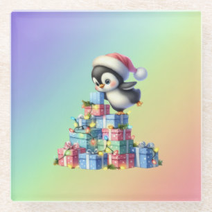 Cute Christmas Penguin with Gifts and Lights Card Glass Coaster