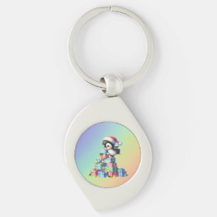 Cute Christmas Penguin with Gifts and Lights Card Key Ring