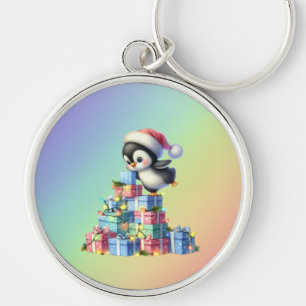 Cute Christmas Penguin with Gifts and Lights Card Key Ring