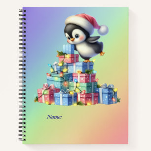 Cute Christmas Penguin with Gifts and Lights Card Notebook