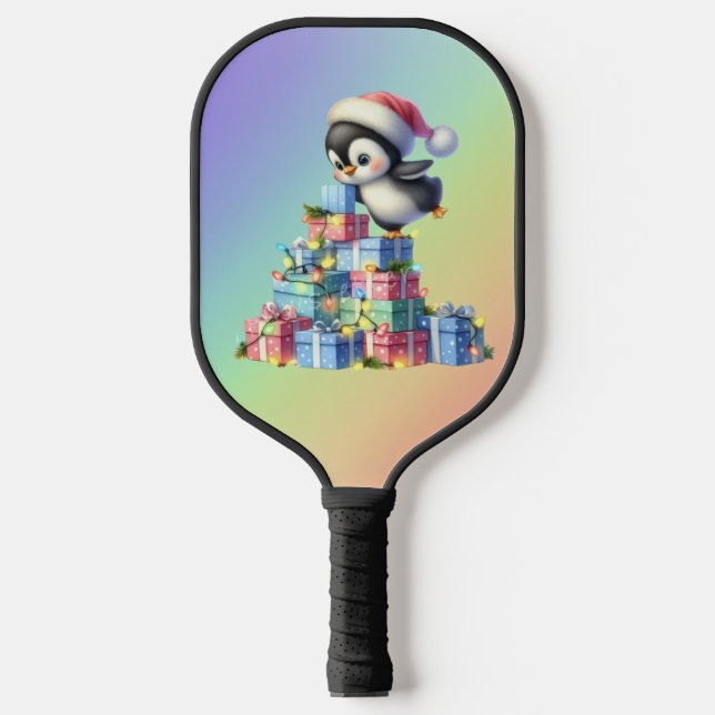 Cute Christmas Penguin with Gifts and Lights Card Pickleball Paddle (Front)