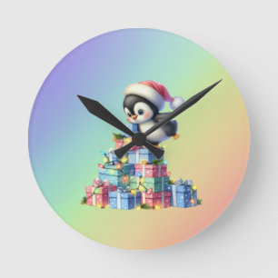 Cute Christmas Penguin with Gifts and Lights Card Round Clock