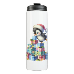 Cute Christmas Penguin with Gifts and Lights Card Thermal Tumbler