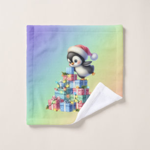 Cute Christmas Penguin with Gifts and Lights Card Wash Cloth