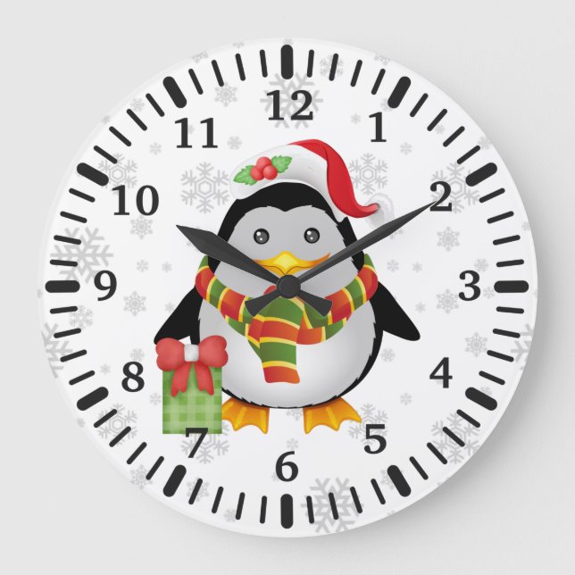 Cute Christmas Penguin with Present  Large Clock (Front)