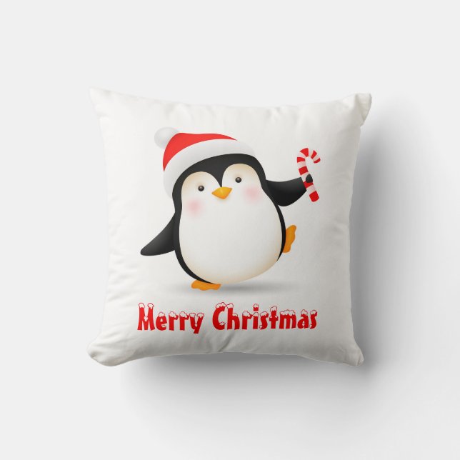 Cute Christmas Penguin with Santa Hat & Candy Cane Cushion (Front)