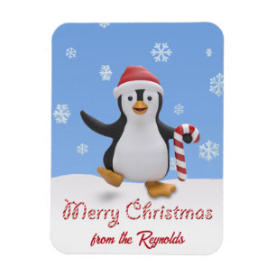 Cute Christmas Penguin with Santa Hat & Candy Cane Magnet