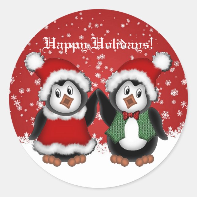 Cute Christmas Penguins Classic Round Sticker (Front)