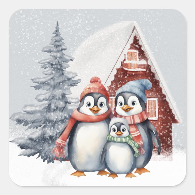 Cute Christmas Penguins Family Holiday  Square Sticker (Front)
