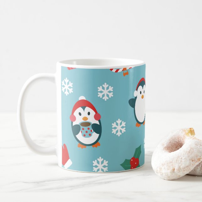 Cute Christmas Penguins Pattern Coffee Mug (With Donut)