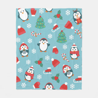 Cute Christmas Penguins Pattern Fleece Blanket