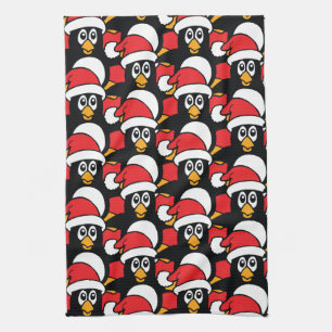 Cute Christmas Penguins Pattern Red Tea Towel