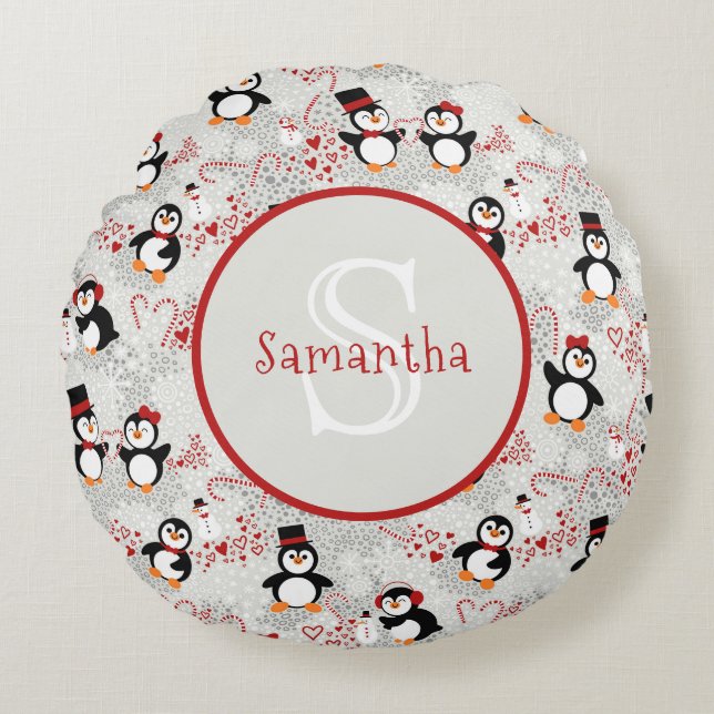 Cute Christmas Penguins Personalised Monogram Round Cushion (Front)