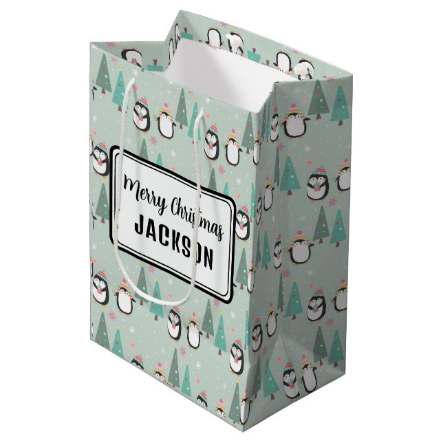 Cute Christmas Penguins with Name Medium Gift Bag (Front Angled)