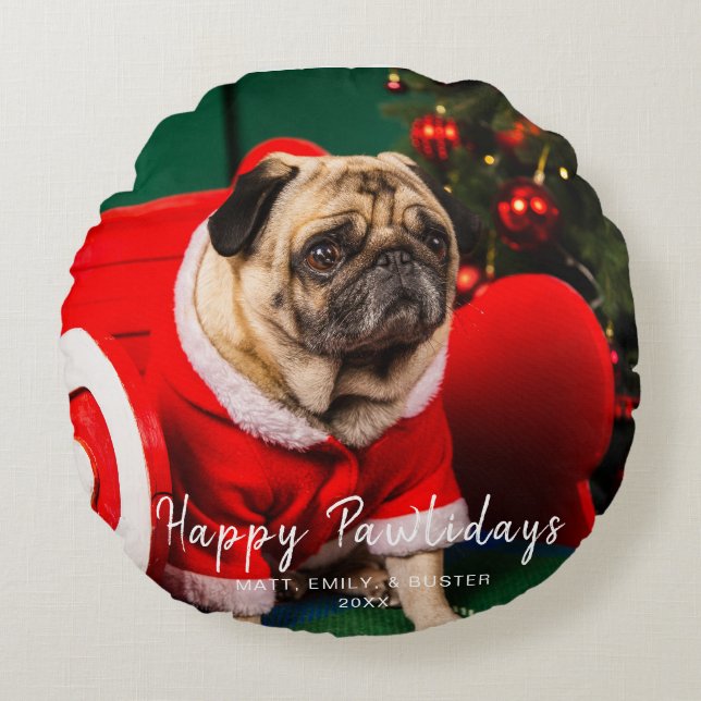 Cute Christmas Peppy Dog Pet Photo Lover Red Green Round Cushion (Front)