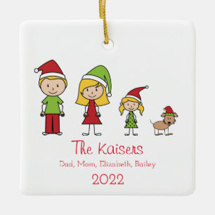 Cute Christmas Personalised Family of 3 With Dog Ceramic Ornament