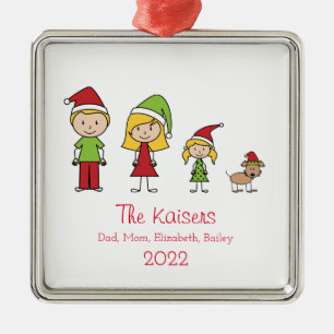 Cute Christmas Personalised Family of 3 With Dog Metal Tree Decoration