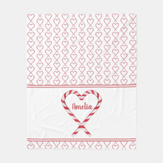 Cute Christmas Personalised Name Candy Cane Hearts Fleece Blanket (Front)