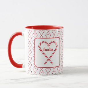 Cute Christmas Personalised Name Candy Cane Hearts Mug