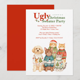 Cute Christmas Pets Sweater Party Red TMF26 Invitation