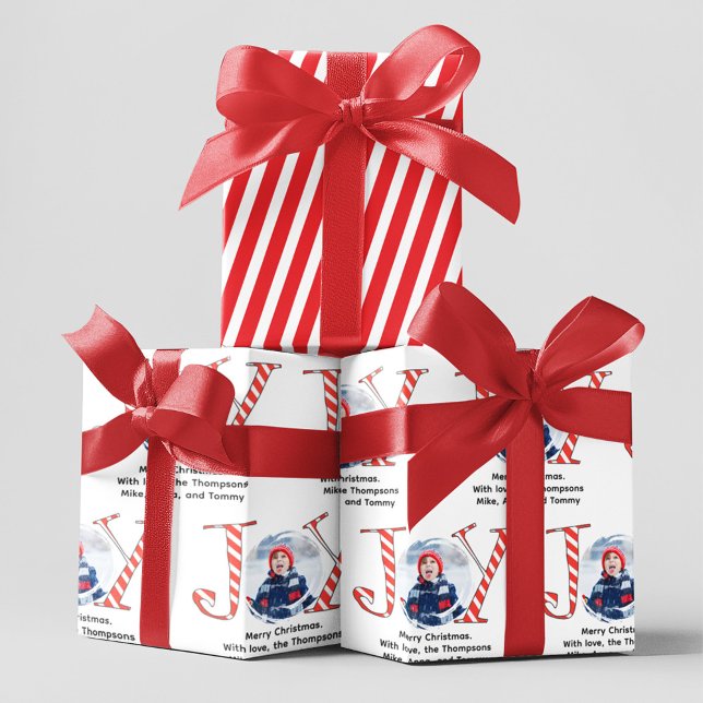 Cute Christmas Photo Joy Typography Custom Wrapping Paper Sheet (Cute Custom Photo typography Christmas wrapping paper.)