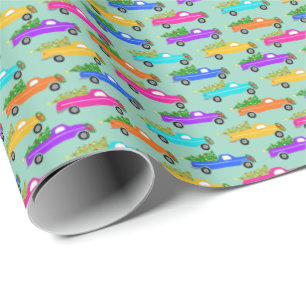 Cute Christmas Pickup Trucks Trees Retro Xmas Gift Wrapping Paper
