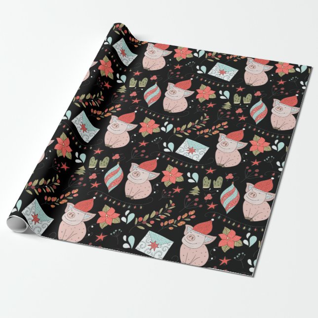 Cute Christmas Pig Pattern Wrapping Paper (Unrolled)