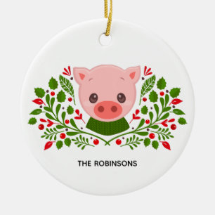 Cute Christmas Pig Photo Ceramic Tree Decoration