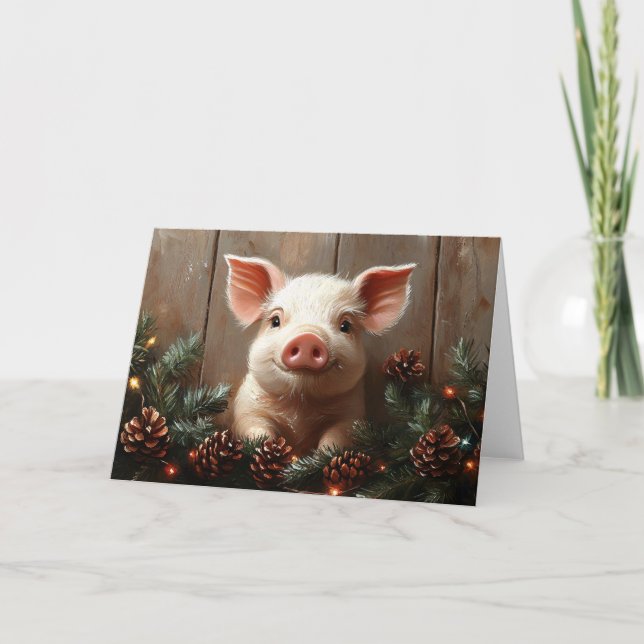 Cute Christmas Pig Rustic Painting Card (Front)